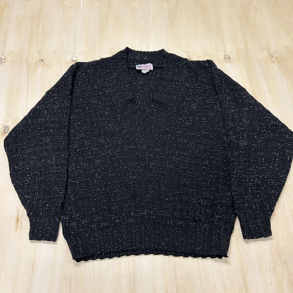 Vintage American Pride Sweater Mens Medium Black Cable Knit V Neck Pullover USA